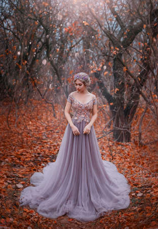 attractive girl princess in long medieval purple dress stands in fairy autumn forest. Silhouette of dark Gothic trees fallen orange foliage. Woman fashion model in image of luxury queen. Crown on headの写真素材