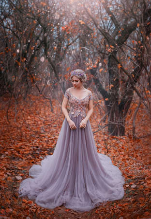 attractive girl princess in long medieval purple dress stands in fairy autumn forest. Silhouette of dark Gothic trees fallen orange foliage. Woman fashion model in image of luxury queen. Crown on headの素材 [FY310158771207]