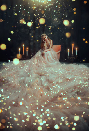 Fantasy girl princess star sits on armchair in luxurious pink glamorous shining dress, long skirt silk train. Woman queen asterisk, glows with golden lights white light bulbs garlands christmas magicの写真素材