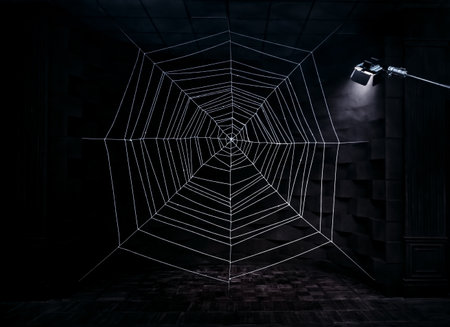 Celebration halloween holiday backdrop, huge white spider web. Gothic abstract Cobweb texture on black background in dark studio room. Festive party. Free space for textの写真素材