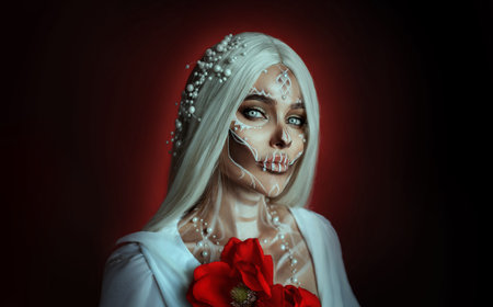 Closeup portrait creative halloween makeup sugar skull style painted with white black paints on beautiful blonde woman face. Dark studio background. Sexy girl looks at camera. Professional body artの写真素材