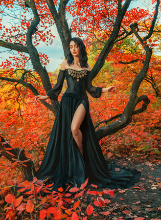 Fantasy female dark queen stands near tree, autumn magical bright forest. Fashion model sexy fairy girl in evening elegant romantic black dress, high slit on leg. Red orange color foliage leaves treesの写真素材