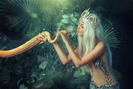 Legend mythical Nagga woman queen sea touch holds milk snake in hands. Blond girl long white flowing hair. Backdrop landscape tropical plants, green leaves. Girl mermaid silver color sexy art costume.の写真素材