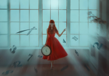 Concept woman and time is fleeting. Fantasy girl princess holds clock in hands. Lady stands looks at panoramic window waiting for love. Womens back rear view. magic sun light levitation number digitsの写真素材