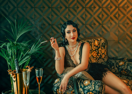 1920s style Happy sexy flapper woman sitting on sofa, short black dress ostrich feather. girl...