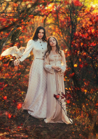 Two fantasy women walking in forest, young mother and adult daughter. Vintage dress. Owl barn owl white bird sits on hand Wisdom sign symbol. Woman queen and little girl princess. Autumn nature treesの写真素材