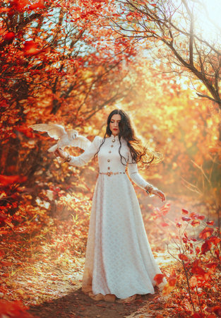 Fantasy woman queen walks in forest holds white bird barn owl, flaps wings on hand. Princess girl. long hair floats in air, fly wind. vintage dress. Autumn nature red trees magical light. Art photoの写真素材