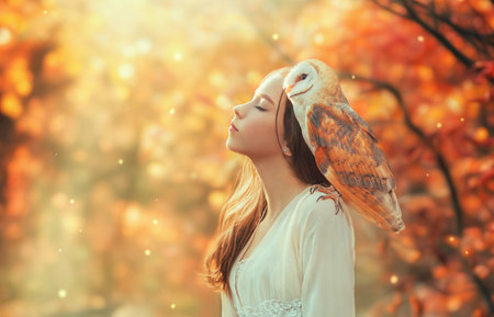 Fantasy girl princess teenager with white bird barn owl on shoulder. Eyes closed pretty face enjoying magical divine sun light. Bright colorful nature forest trees. vintage dress dream magic conceptの写真素材