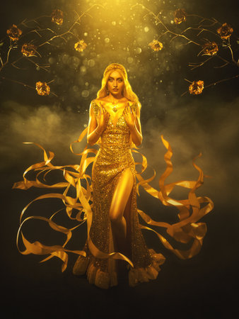 Fantasy woman queen with metallic golden skin, long dress fabric shines, ribbon flies flutters on wind motion. Night garden, yellow gold roses tree branches. Black studio. Blonde fairy princess girlの写真素材