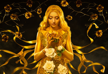 Art photo fantasy woman queen holding in hands white rose flowers. dress shines ribbon flies in wind. Night garden, gold roses tree. Black studio. Blonde fairy princess girl golden skin beauty faceの写真素材