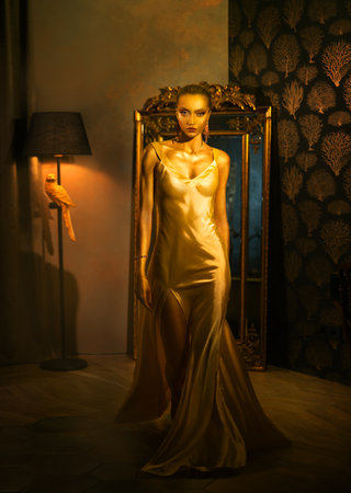 Art photo strong face girl high fashion model walks go in luxury room. gold long silk evening dress trendy style gown. Sexy elegant woman golden makeup shine skin metal color paint. fantasy glam queenの写真素材
