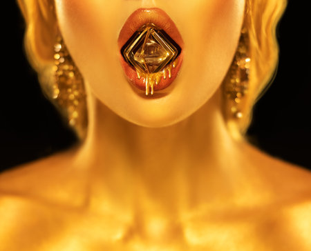 Portrait closeup Beauty fantasy woman sexy mouth hold diamond liquid gold drops drip on lips face in golden paint shiny skin. Luxury glamour Fashion model girl metallic makeup jewellery. Art photoの写真素材