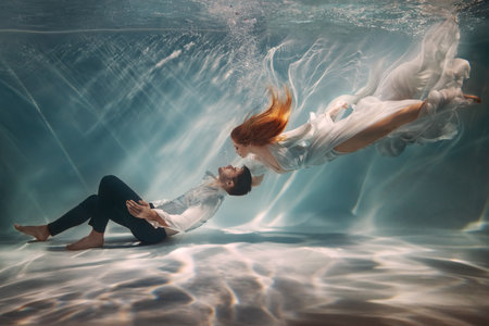 Happy couple in love swim underwater, female goddess muse inspires male writer poet creator. Nymph girl saves drowning guy at bottom sea under water. Red hair white long silk dress float. Art photoの写真素材
