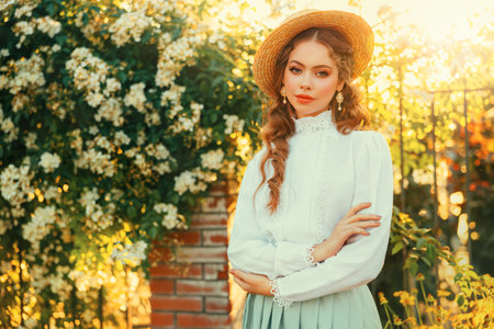 Art portrait young woman in vintage straw hat on head, girl pretty face red hair, retro lady old style white blouse mint color skirt. green grass white flowering tree sun light summer nature gardenの写真素材