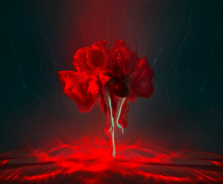 Real people on art photo. Fantasy woman dancing under water sea, red long silk dress fabric floating. Belerina fairy girl dancer posing swims in dark deep pool underwater shooting. Back Magic lightの写真素材