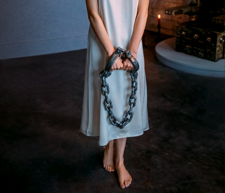 portrait fantasy woman, hands in chains prison handcuffs steel chain shackles. White nightgown vintage historic old style. Mystery scared Bare feet girl princess slave, face cropped. dark dungeon roomの写真素材