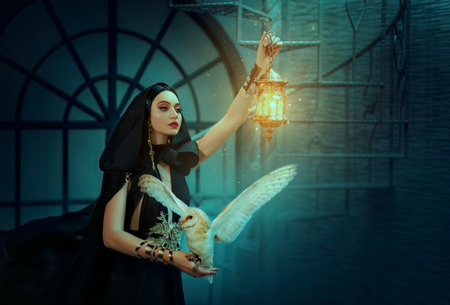 Gothic fantasy woman witch in black dress cape, hood. Girl princess dark magician holds vintage lamp lantern in hand. Lady elf queen with white barn owl bird. Art photo night royal room. Fabric fliesの写真素材