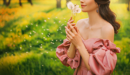 Art photo happy woman holding blowing on dandelion flowers in her hands. Fantasy lady girl princess enjoys nature, fun joyful smiling face lips close-up. Forest green grass lawn trees magic sun lightの写真素材