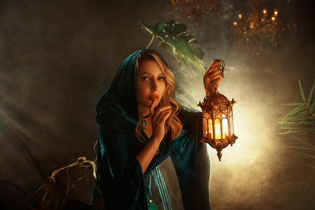 Art photo real people. fantasy blonde mystical woman queen stands in dark room full smoke holding...