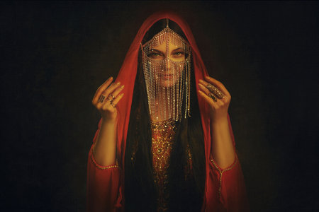 art Portrait Fantasy girl Mystery arabic woman in red long dress stands in desert long silk abaya dress. clothes gold Golden Mask chain Burka hide face Oriental Eastern style. Black studio night roomの写真素材