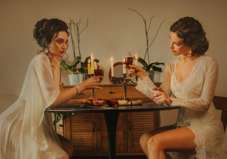 Two women Sexy girl beauty face lips sitting at the dinner table luxury light room. vintage nightie silk white long dress fairy old style noble lady girls holds glass wine drink clink glasses toastの写真素材