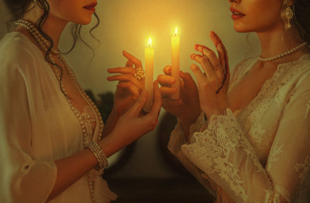 Art photo real people two women vintage old style white dress. Fantasy Sexy girl in night dark room...