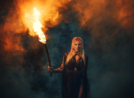Gothic fantasy woman walking in mystical dark foggy forest holding burning torch in hands, bright fire flame lights way in darkness. Sexy Girl witch in black long boho style dress beauty fairy faceの写真素材