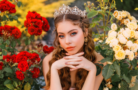 Fantasy girl princess beautiful face, delicate make-up, a crown of jewels on head, long hair. Happy woman sits in garden enjoys nature, green bushes red flowers roses. art pink white vintage dressの写真素材