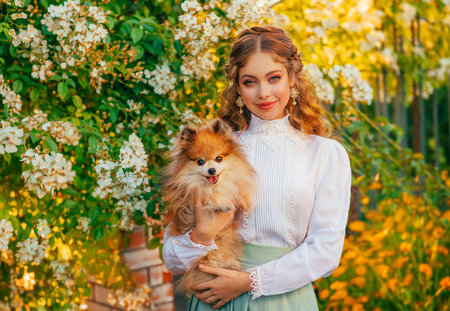 Happy young woman hands holding Pomeranian dog red fur in hands. Joyful girl smiling beautiful face, adoration fun animal small fluffy pet with love care. Summer nature green tree city park walkの写真素材