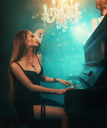 Art Photo real fantasy woman musician plays magical melody on the piano white barn owl bird on shoulder hiding part face. lady Elf queen sexy girl with birds. dark room full magic blue light back litの写真素材