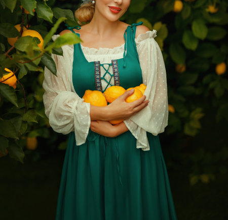 art photo real person red lips close up smiling cropped face Happy village fantasy woman harvesting lemons in garden trees, Fairy tale pretty girl holding in hands yellow fruits old style green dressの写真素材