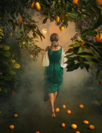 art photo real person beauty Happy fantasy woman harvesting lemons in garden trees fog rear view back lit. Sexy old style green dress, girl model walking. Citrus fruits lemon orange lying on groundの写真素材