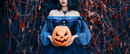 Close-up hand holding orange carved pumpkin Fantasy woman medieval halloween witch with...