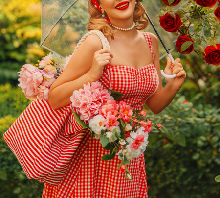 photo real person happy retro lady blonde hair pin up old style red lips dress smiling face woman holding bag full of flowers, umbrella in rain smelling roses bush walk in garden. Vintage 30s fun girlの写真素材