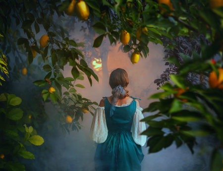 art photo beauty fantasy woman walking in lemons garden trees fog rear view back lit morning dusk Sexy old victorian style blue vintage dress, girl model. Citrus fruits lemon yellow green tree leavesの写真素材