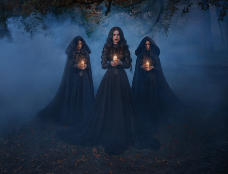 Group of womans walking in night forest tree, holding candles in hands, mystical cult three girls...