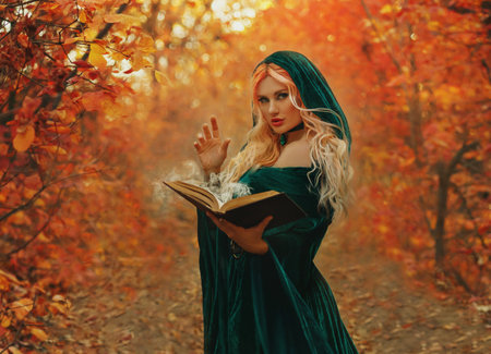 Art photo real person. Close-up red lips sexy eyes fantasy woman witch hand casting spell magic with book, white smoke. Girl fairy elf in velvet green dress hooh on head. forest trees orange leavesの写真素材