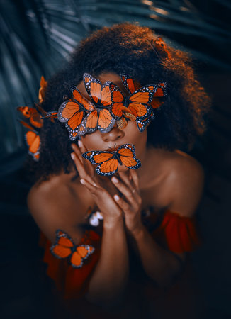 art portrait real person fantasy happy african american woman hand touching face skin red orange...