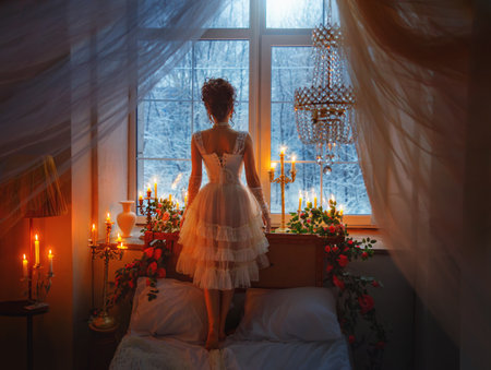 Portrait real person girl princess on bed looking out window waiting love. Beauty Sad Fantasy woman queen vintage lace dress back rear view, white room old style. winter tree dusk candles lightの写真素材