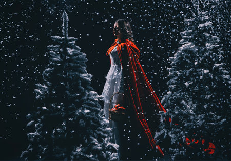 Mystery sillhouette gothic woman walking in fairy tale dark night forest tree winter cold nature...