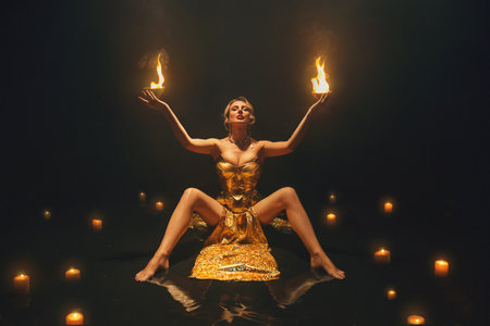 Fantasy goddess woman fashion model in metal fabric golden shiny dress, blonde girl body hands holding bowl with burning fire bright flame in dark black water pool, magic light candles 4kの写真素材