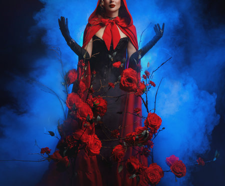 art photo real person gothic sexy woman queen walking in fairy tale dark night garden roses flowers bush tree hands raised to sky. Fantasy lady girl long cape dress red hood on head. blue moon lightの写真素材