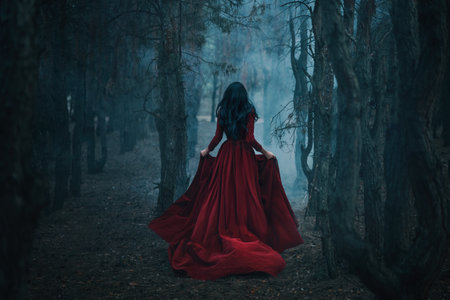 Art photo real person Gothic girl walking in dark foggy forest trees, velvet red long medieval old style long dress train fly wind. Fantasy Woman Black hair back rear view fairy princessの写真素材