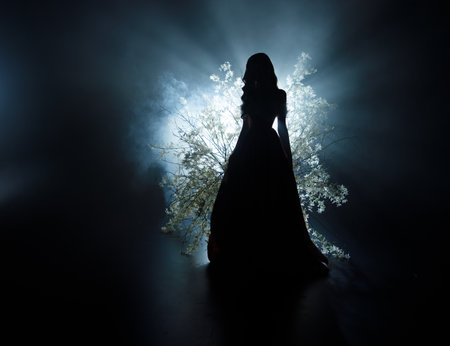 art photo real person fantasy girl princess black shadow silhouette walking in saint divine moon light ray in night dark spring forest fog tree white flowers tree.の写真素材