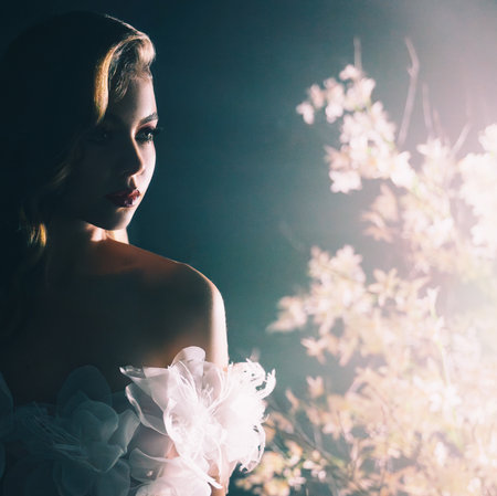 art photo real person fantasy woman walking through branches in night dark forest fog tree white flowers blooming tree. lady fairy elf Girl blond fashion modelの写真素材