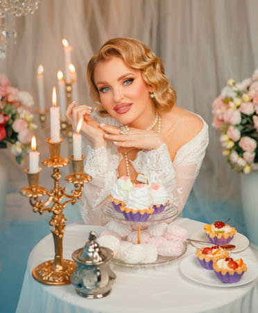 blonde hair woman beauty face blue eyes pink lips make-up, lady sitting at dinner table with burning candles dessert cakes pies. Fantasy Girl Victorian style room, vintage dressの写真素材