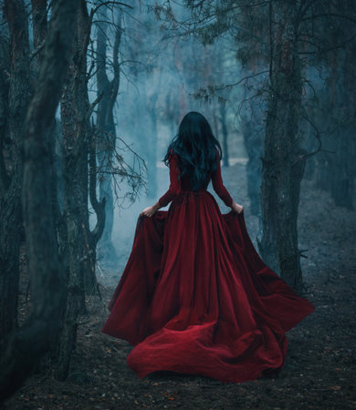 Art photo real person Gothic girl walking running in dark foggy forest trees, velvet red long medieval old style long dress train fly wind. Fantasy Woman Black hair back rear view fairy princessの写真素材