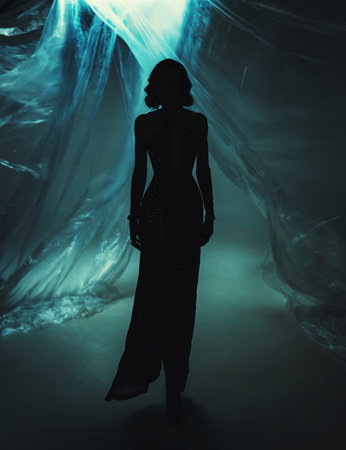 dark shadow silhouette woman walking neon blue light in night room full smoke fog silk curtains fly...