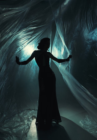 dark shadow silhouette woman walking neon blue light in night room full smoke fog silk curtains fly rain lightning wind blowing. Gothic Girl glamour fashion model. sexy black dress fluttering motionの写真素材