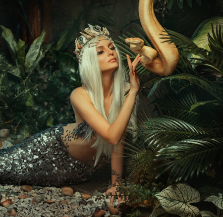 Mystical beautiful woman mermaid lies on colorful seabed, gently touches skin of milk snake. Yellow serpent is wriggling. White long flowing hair. Crown on head of shells. Gentle natural make-upの写真素材